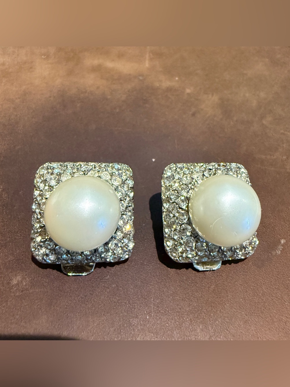 Vintage Signed Kenneth Jay Lane Faux Pearl Pavé Rhinestone Clip-On Earrings